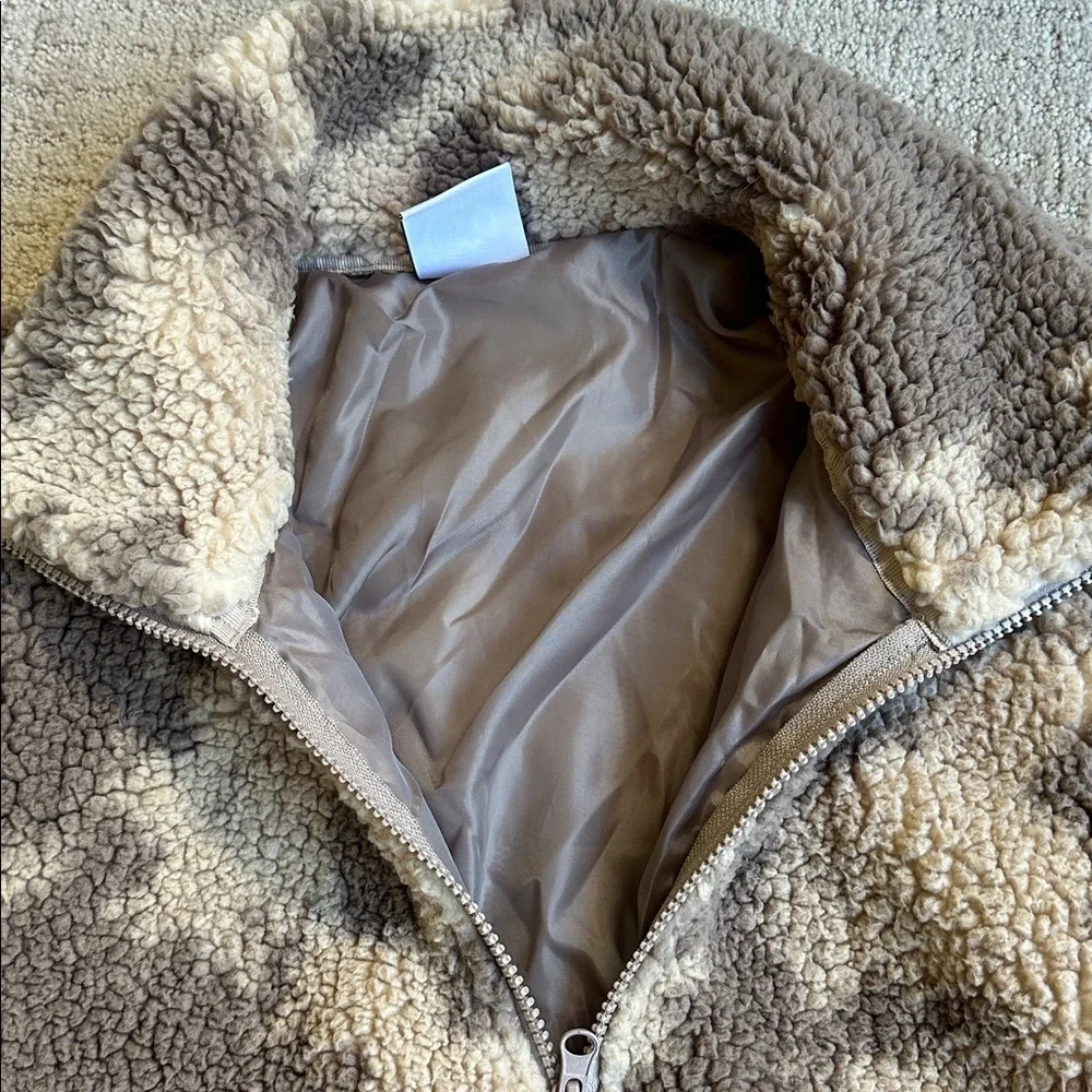 SAGE Cozy Brown & Cream Sherpa Coat 1/4 Zip Pullover Soft Womens Jacket Top - Picture 4 of 6